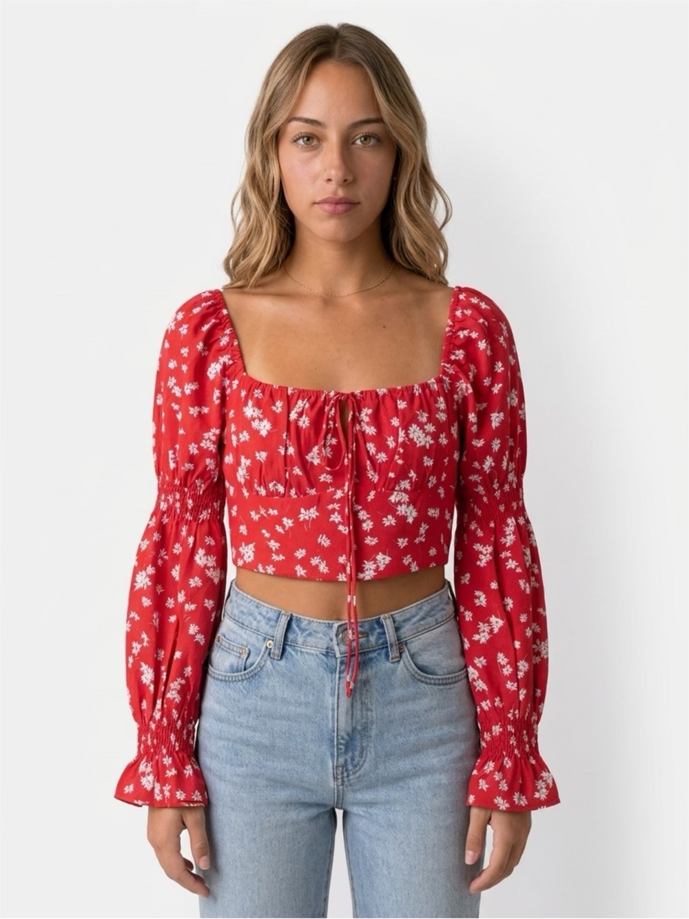 Princess Polly Rylee Red Floral Milkmaid Crop Top 4 Long Sleeve Cottagecore Boho